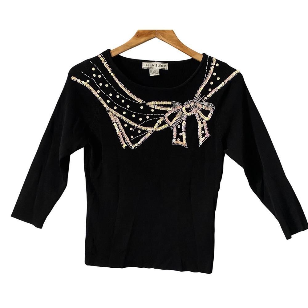 Lucia Burns Vtg Y2K Womens Black Sequin Beaded Bow Knit Top 3/4 Sleeve Size‎ M